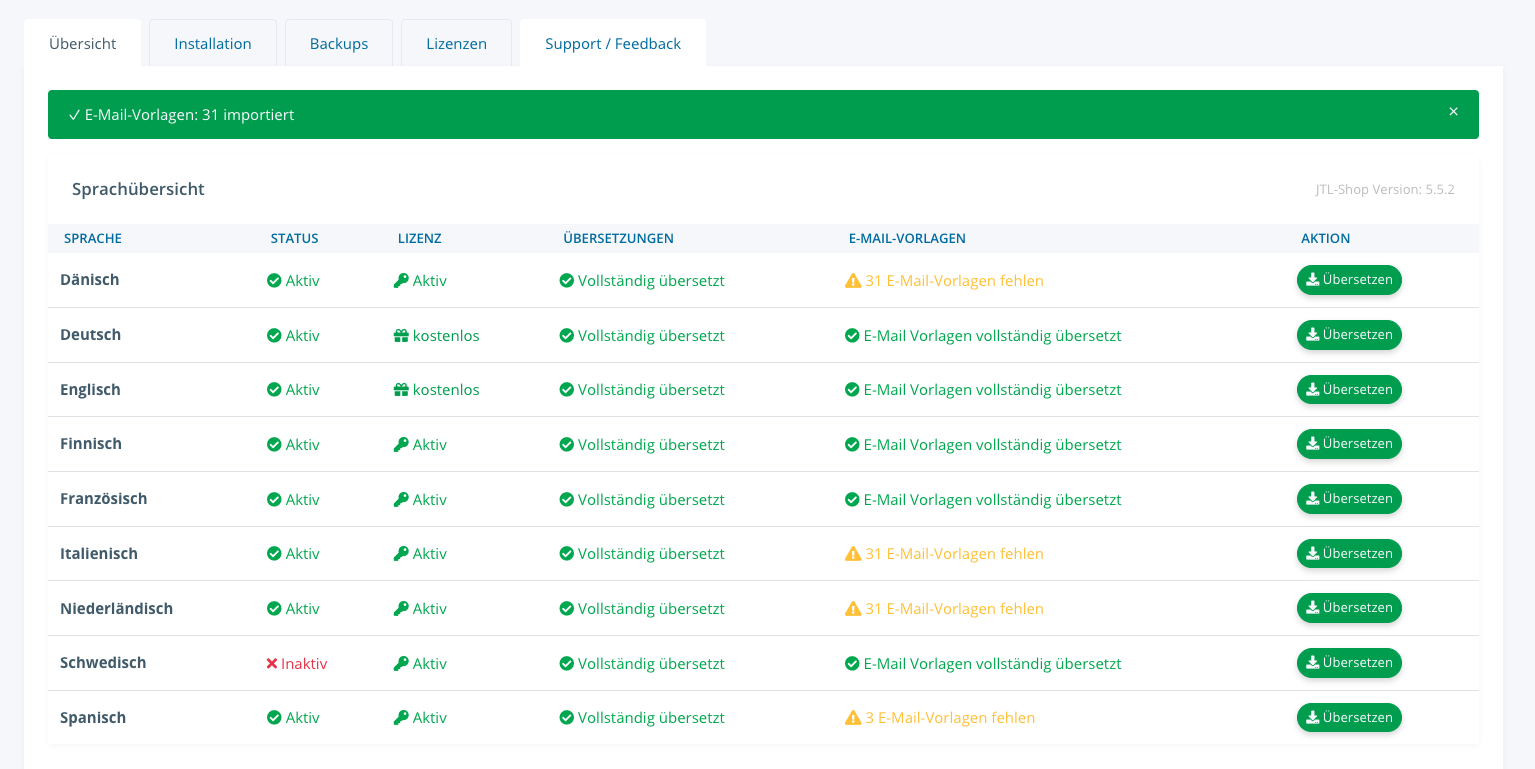 JTL Translate Pro Dashboard Übersicht